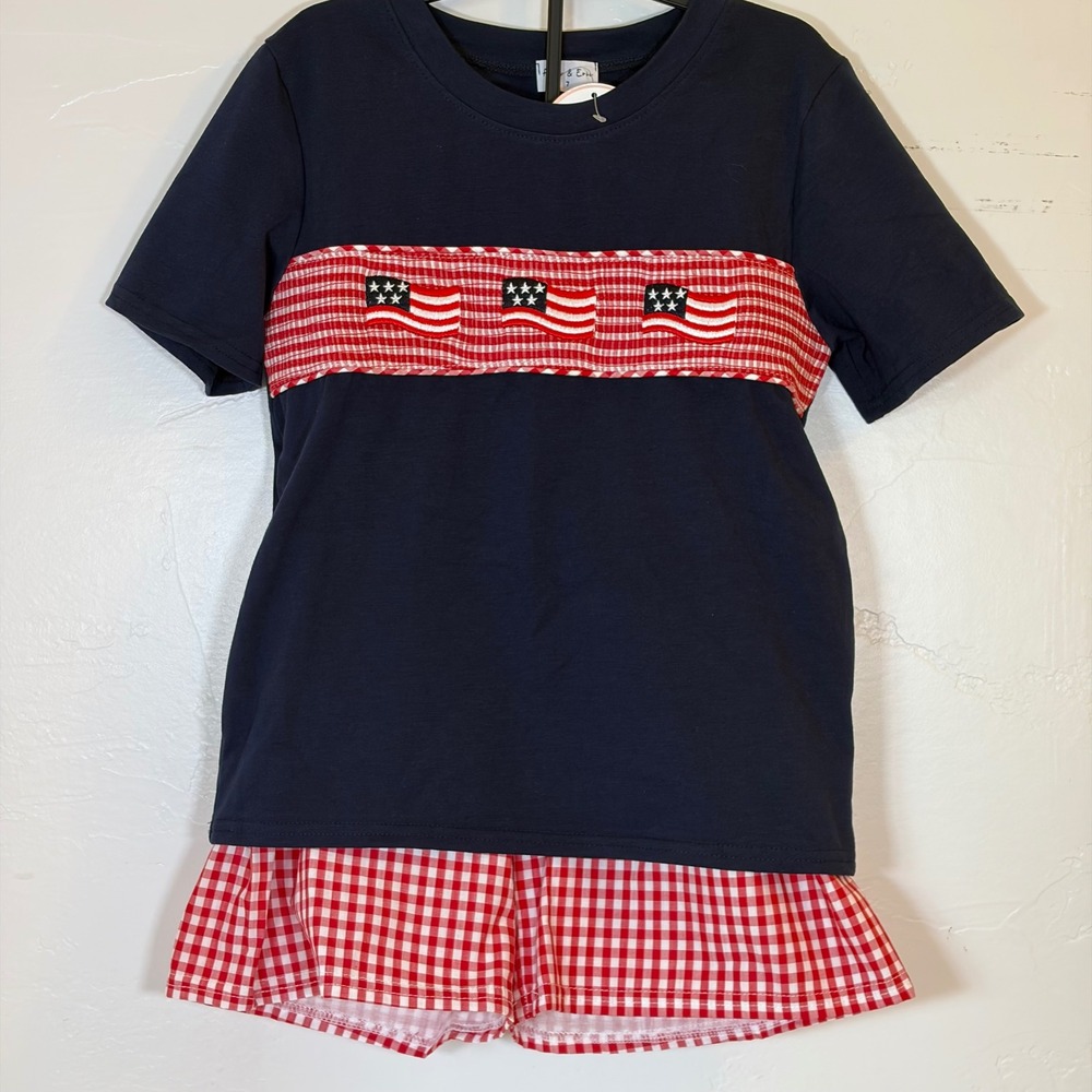 Abbyβ & Evie Kids Red Patriotic Flag Smocked Gingham Short Set Navy Blue Size 7